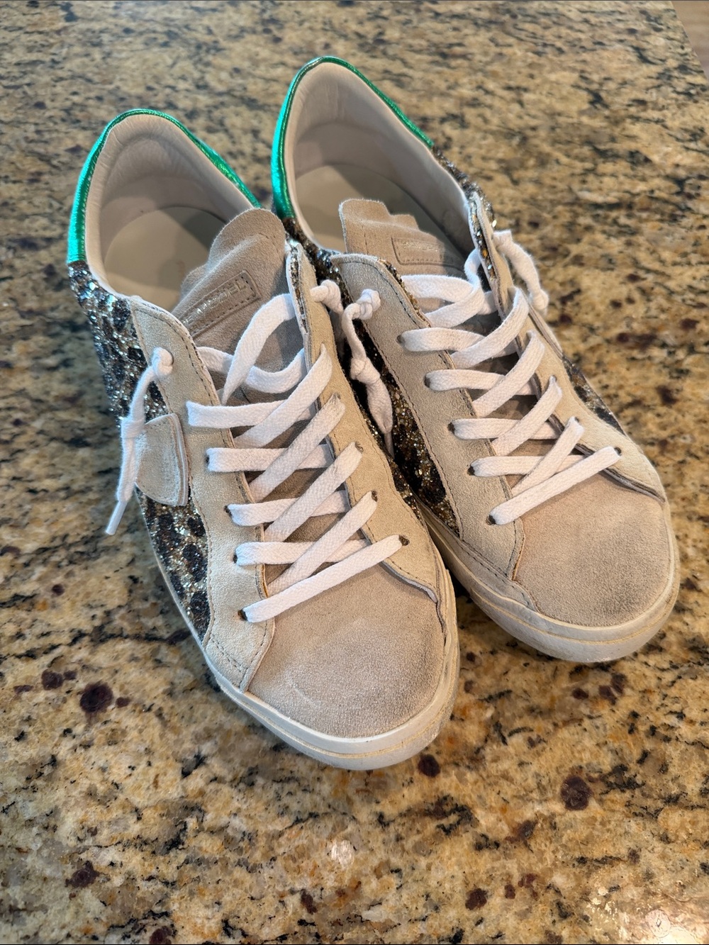 Philippe Model Beige Sneakers with Leopard Glitter and Green Heel Tab size 40